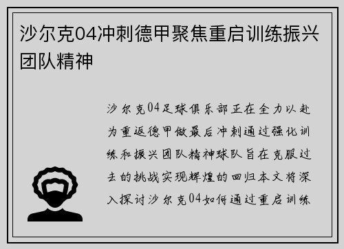 沙尔克04冲刺德甲聚焦重启训练振兴团队精神
