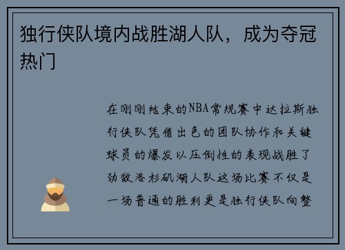 独行侠队境内战胜湖人队，成为夺冠热门