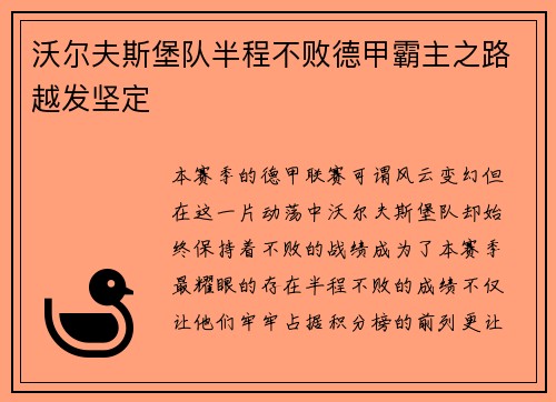 沃尔夫斯堡队半程不败德甲霸主之路越发坚定