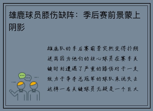 雄鹿球员膝伤缺阵：季后赛前景蒙上阴影